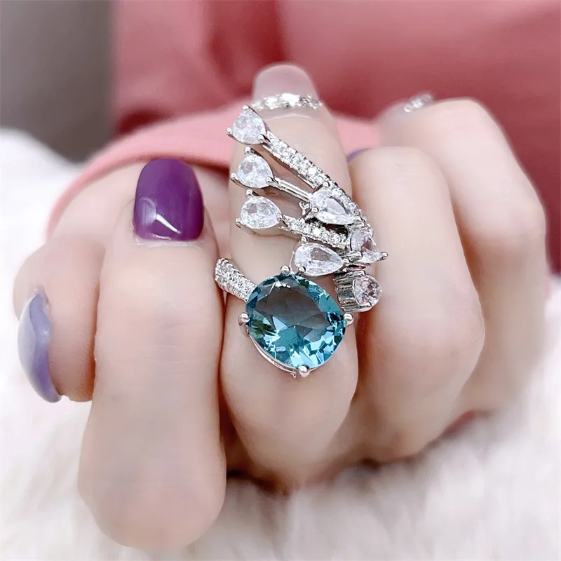 Sterling silver niche design colored gemstone high-end aquamarine ring for women, open-ended, elegant, versatile, and cool style