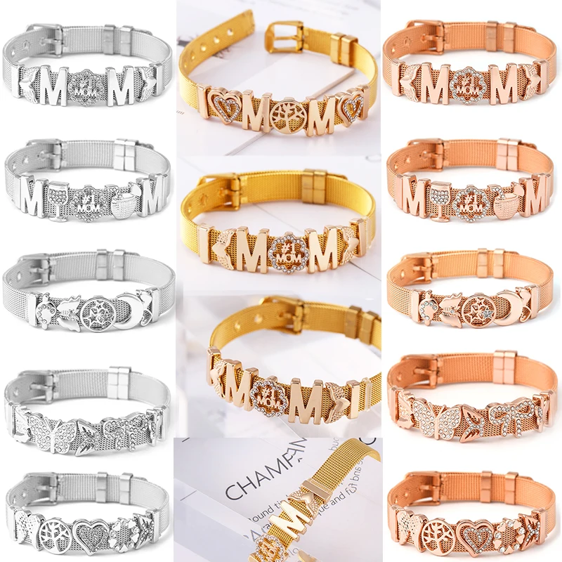 Mom Quality Stainless Adjustable Steel Mesh Bracelet DIY Crystal Feather MOM Charms Keeper Bracelet For Women Men Jewelry