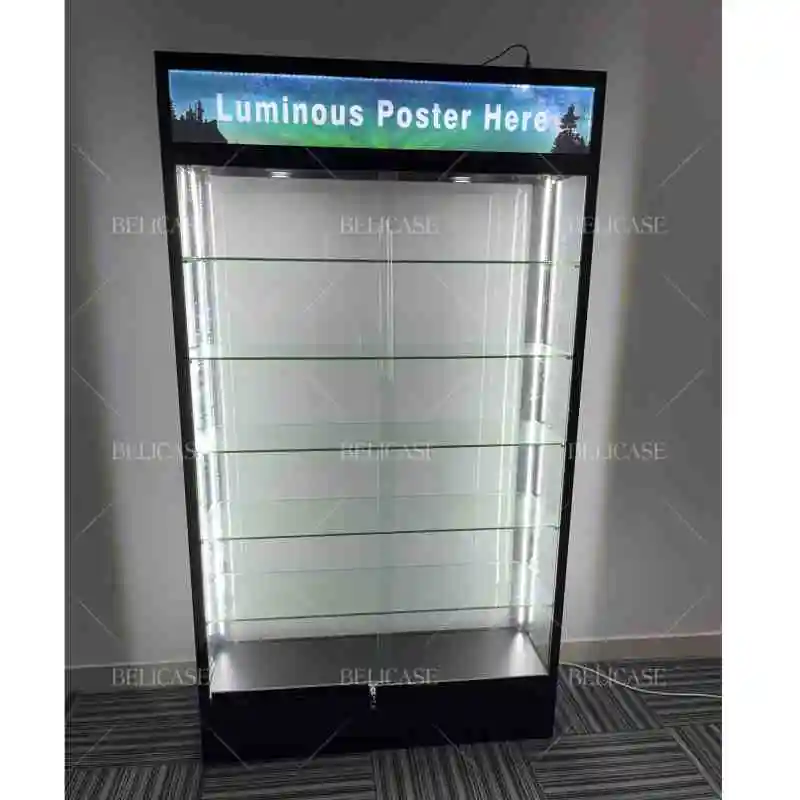 

2025customized.Factory Price Can Custom Glass Shelves Wall Store Display Cabinet Show Counter Showcases With Lightbox Post