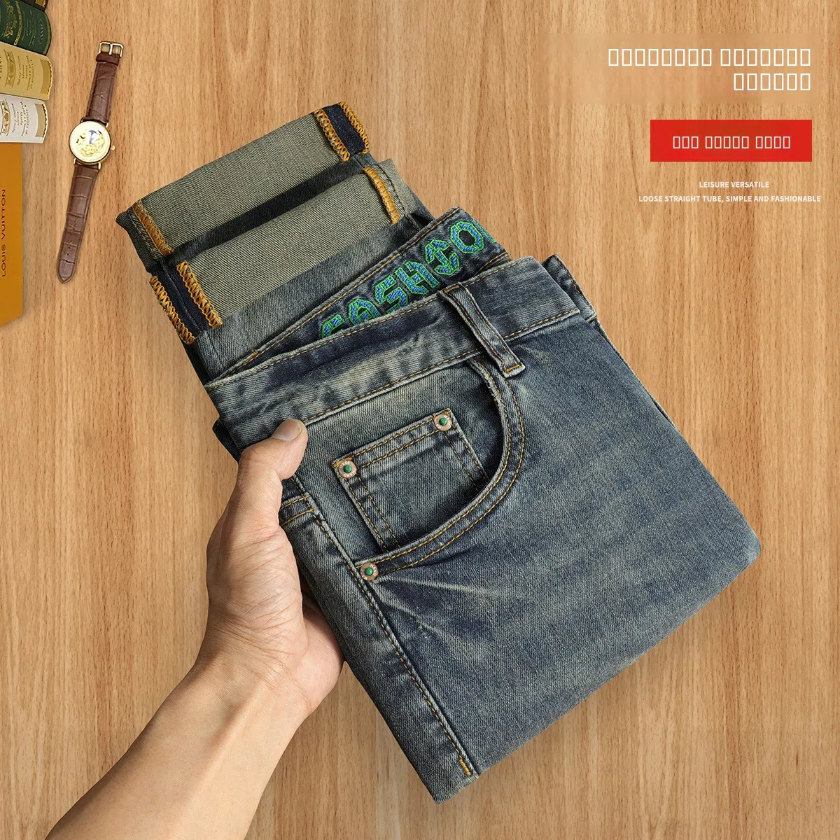 

Мужские джинсы Slim Fit из синего денима, весна-лето, тонкие, укороченные, винтажные, прямого кроя, повседневные, универсальные, со средней посадкой, на молнии