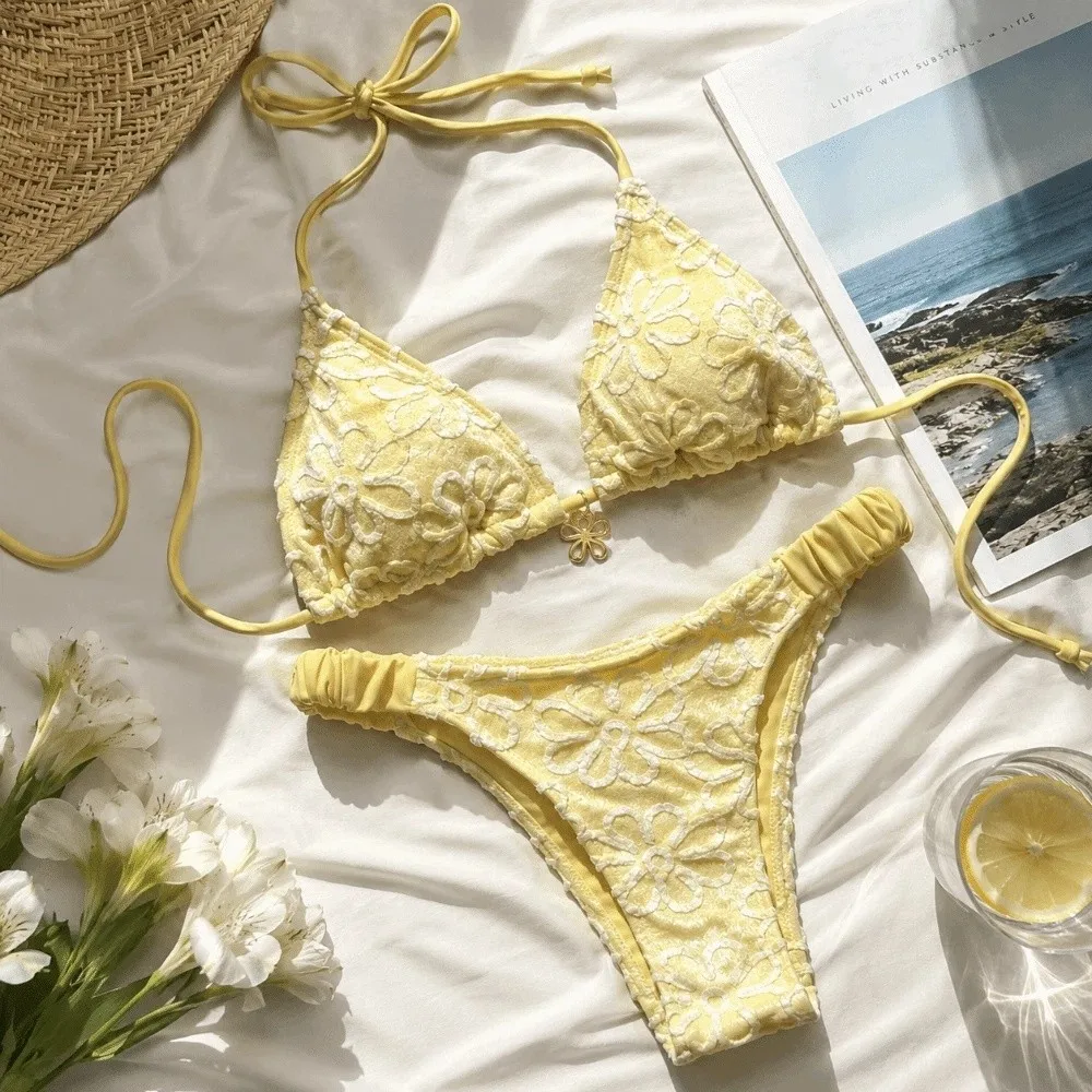 Badeanzüge, zweiteiliges Neckholder-Bikini-Set, Blumenmuster, tiefer V-Ausschnitt, Damen-Bademode, Schnürung, niedrige Taille, Sommer-Strandmode im brasilianischen Stil – Detail 12