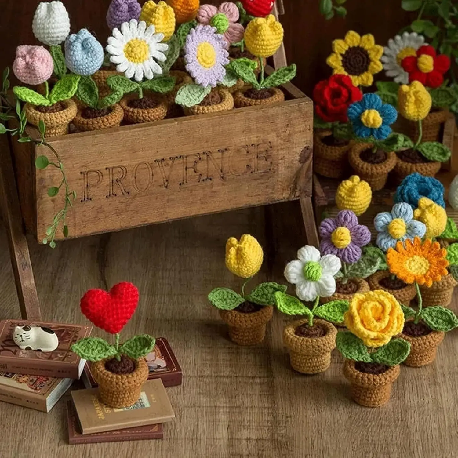 Buquê de flores de crochê, 2 peças, tricô de crochê, me esqueça, não flor, vasos de plantas, flores artesanais de malha para presente, mesa de escritório