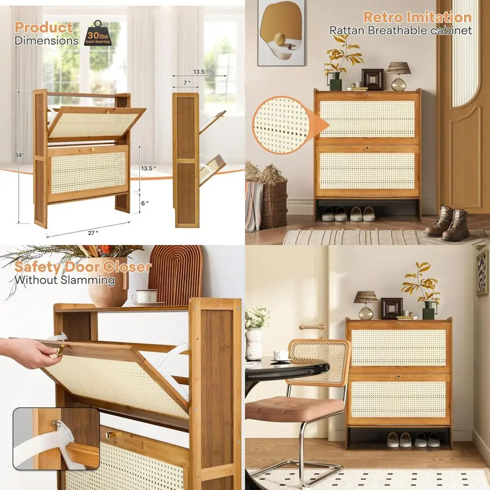 

Узкая бамбуковая полка для обуви 34 с 2 ящиками и 4 ярусами для компактного хранения в прихожей, гостиной и прихожей (коричневая)