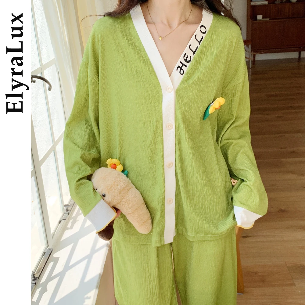 

ElyraLux Women’s Crinkled Cotton Pajama Set Soft Textured Sleepwear V-Neck Button Long Sleeve Homewear Winter Autumn Outfit