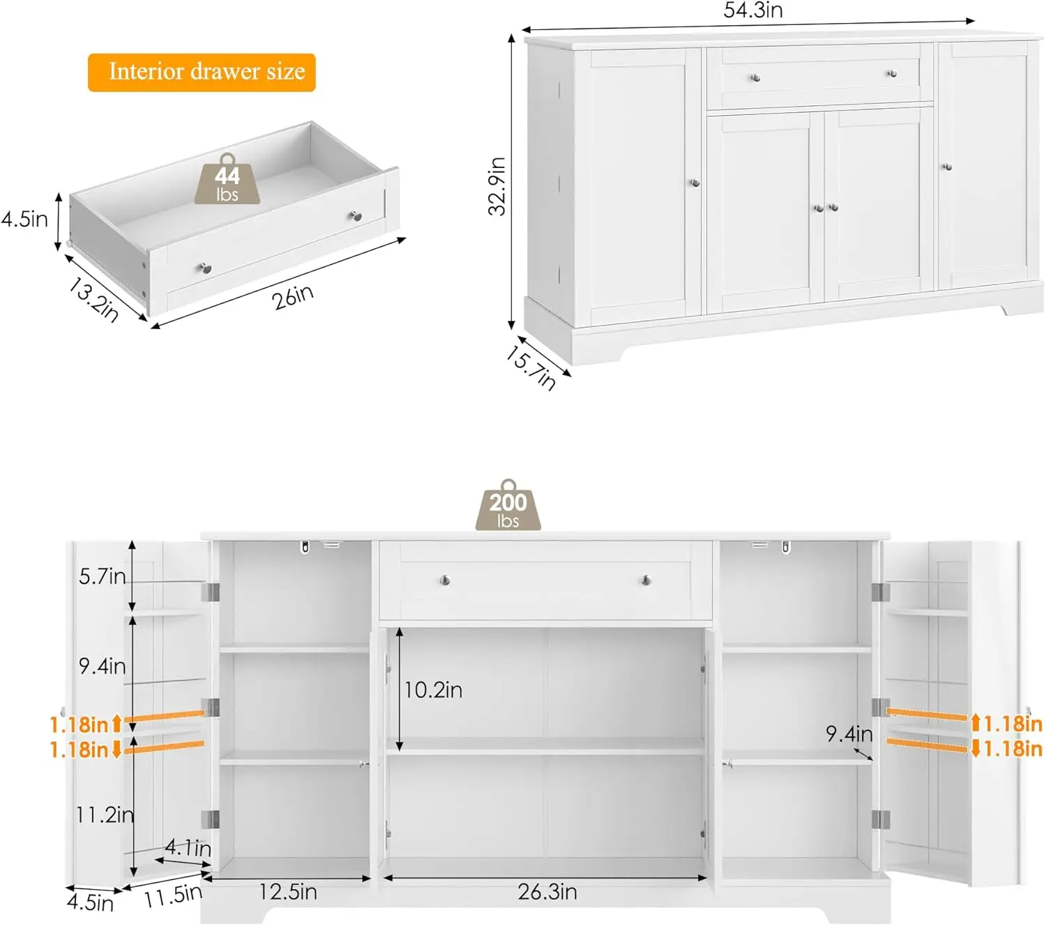 54" Buffet Cabinet with Storage, Modern Kitchen Buffet Sideboard ,Wood Coffee Bar Cabinet with Adjustable Shelves,White