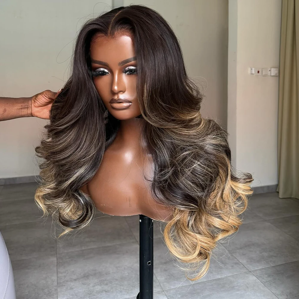 Highlight Blonde 13x4 Body Wave 250 Density Wear and Go Glueless Wig Ombre 1B 27 Colored 13x4 Transparent Lace Frontal Wigs