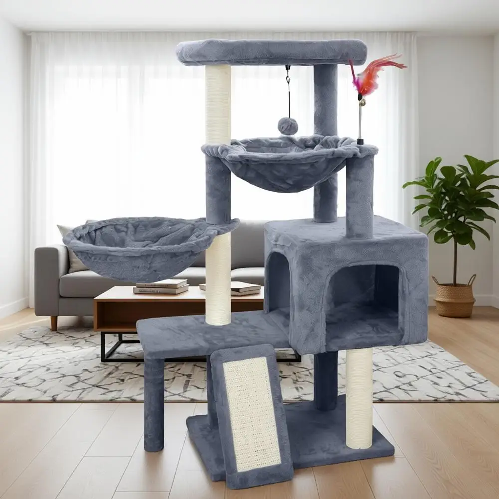 

Cat Tree with Condo, Hammocks, Scratching Posts, Pads, Playful Toy Balls, Grey