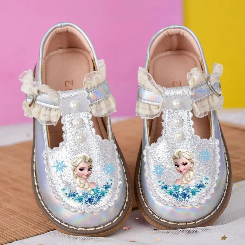 

Disney Children's Girls' Silvery Leather Casual Shoes Frozen Princess Girls' Soft Sole Non-slip Baby Shoes Lolita Girls Size 24