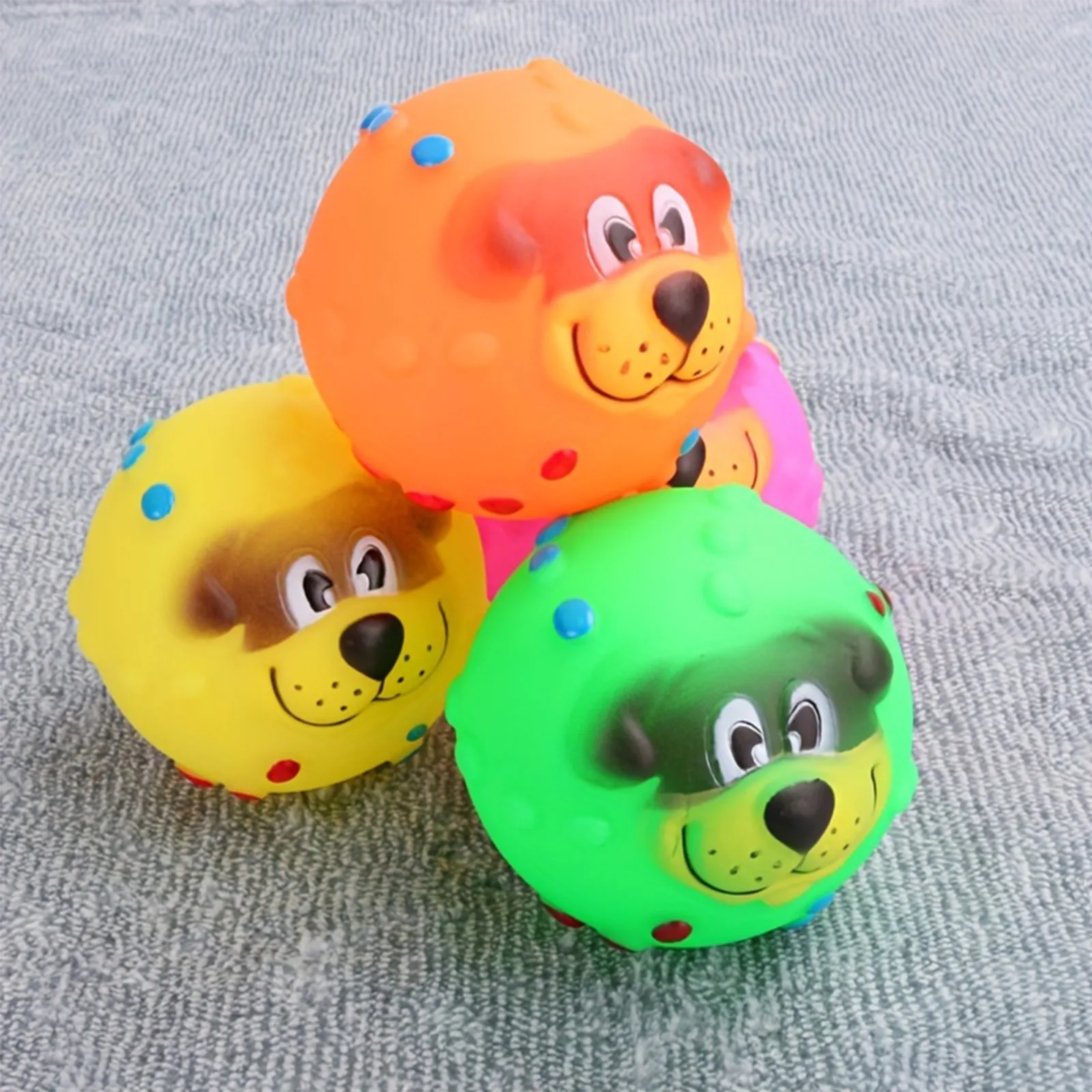Colorful Cartoon Dog‑Face Rubber Squeaky Ball Dog Toy Bumpy Textured Bite‑proof Teething Chew Toy Interactive Fetch Play Toy