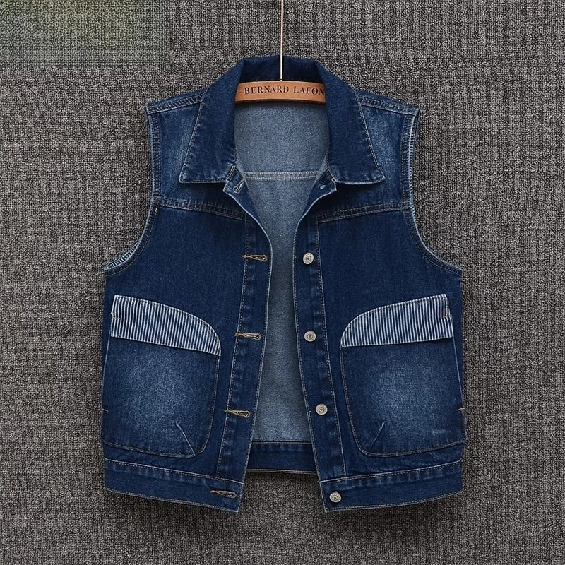 

Женский джинсовый жилет Sli Denim: модная весенняя верхняя одежда для мам, укороченный, в полоску, на одной пуговице