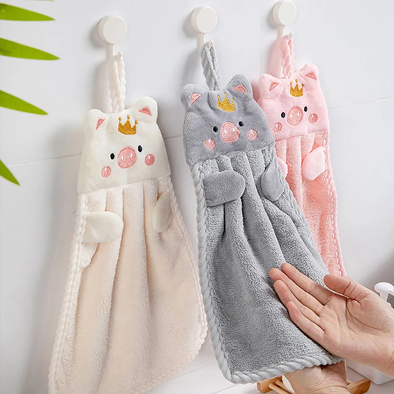 Cute Animal Hanging Hand Towel Bathroom Kitchen Handkerchief Absorbent Lint-free Thickened Coral Fleece Children's Hanging Towel
