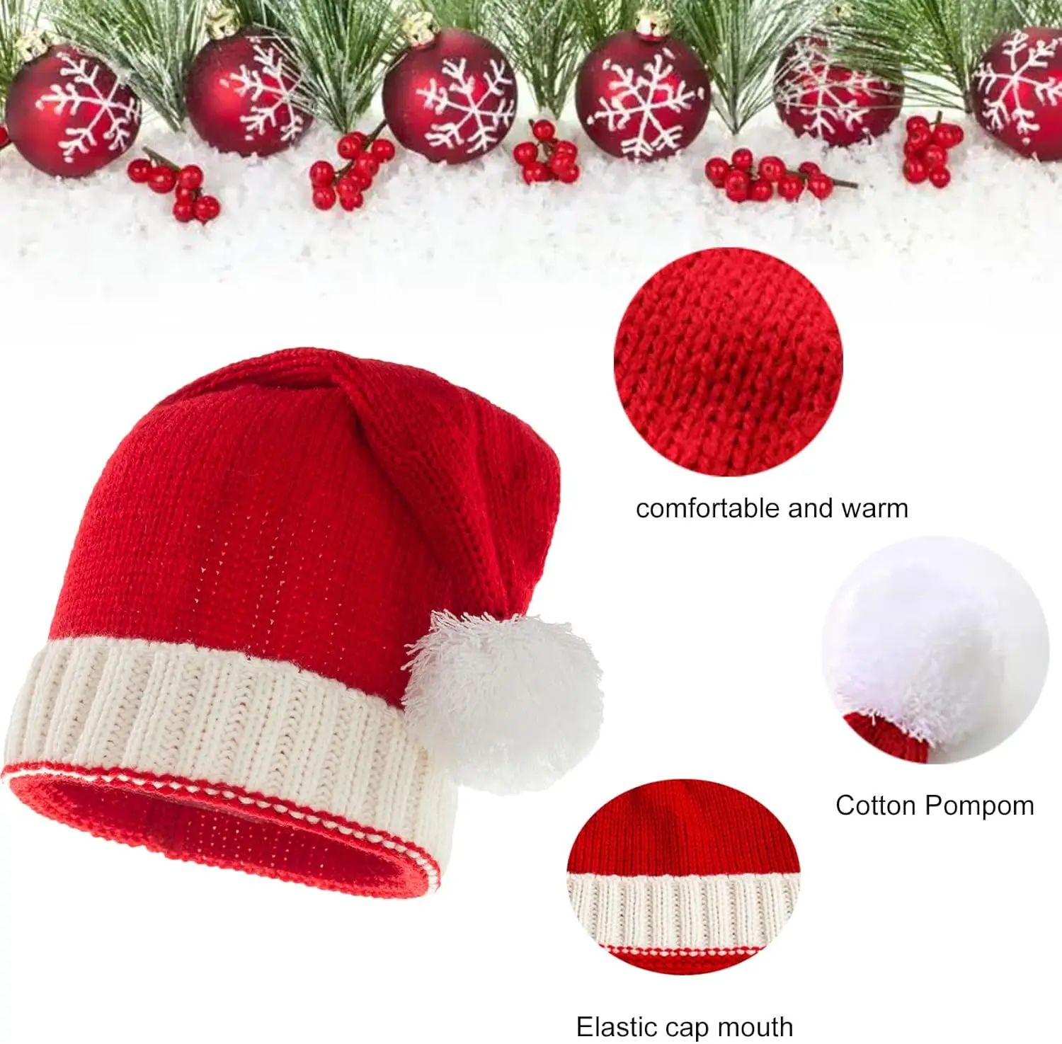 Knitted Santa Hat for Women, Men Christmas Hat Knit Winter Warm Beanie Xmas Hat for New Year Festive Holiday Party