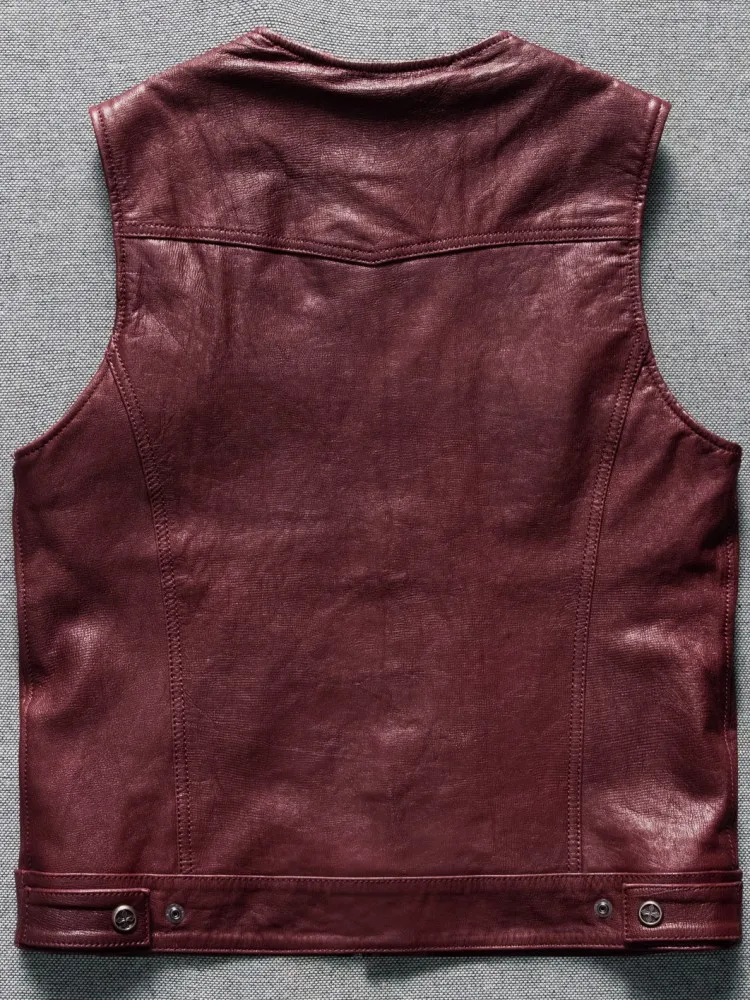 Concise Fashion Round Neck Zipper Male Genuine Leather Vests Retro Pockets Slim Sleeveless Men Solid Color Sheepskin Outerwear