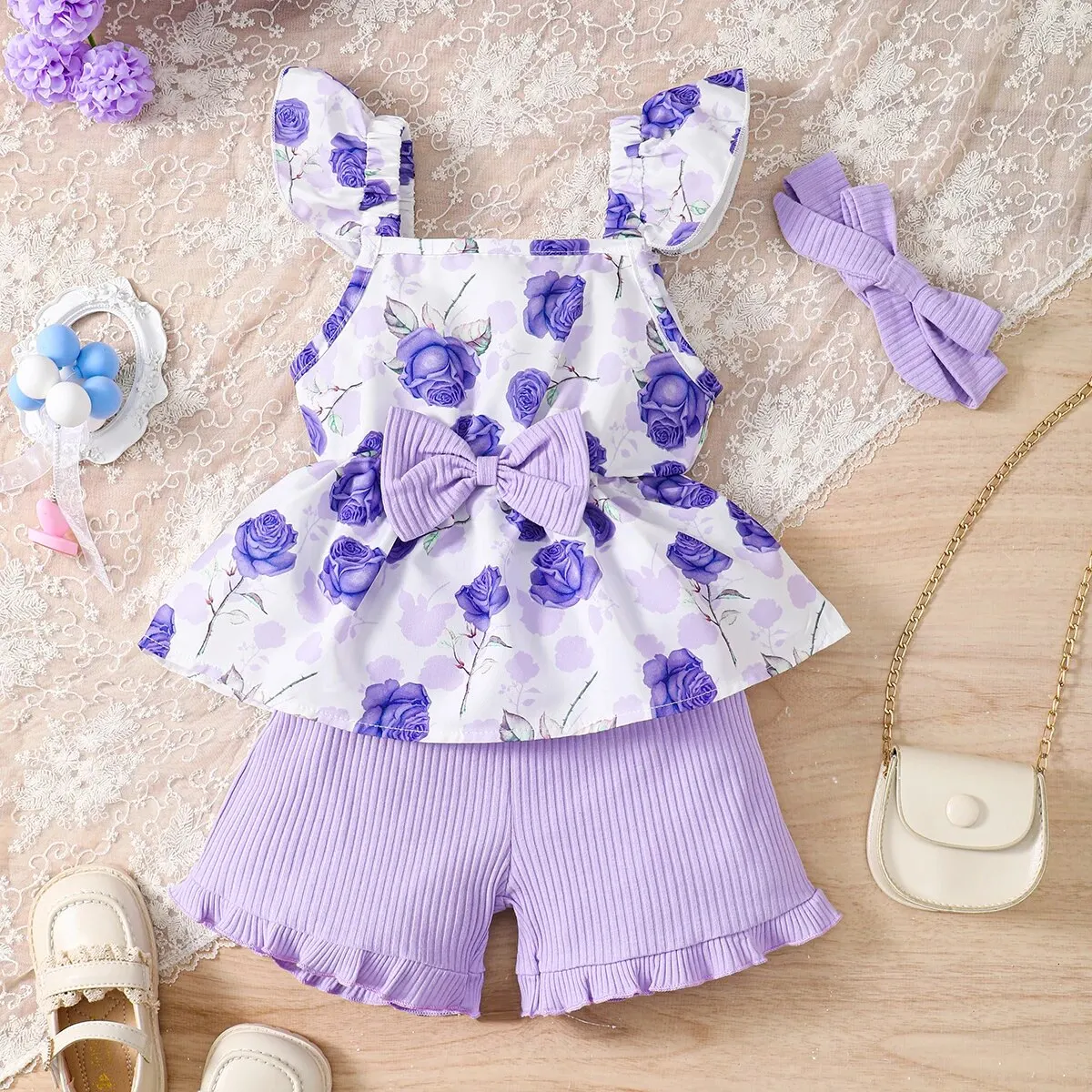 3pcs Girls Cotton Purple Flower Camisole Top Lace Shorts With Hijab Casual Suit Sweatsuit
