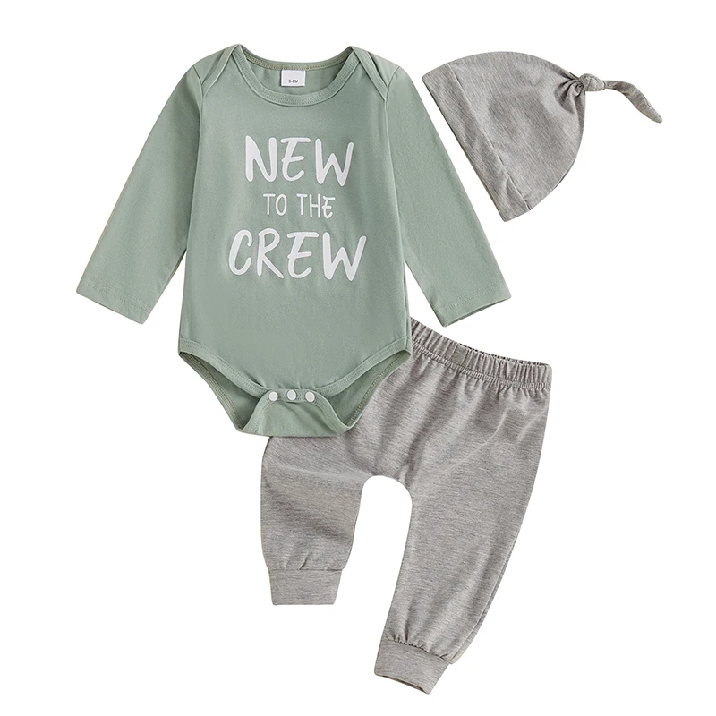 

Baby Clothing Set Long Sleeve Letters Print Romper with Pants and Hat Infant Clothes