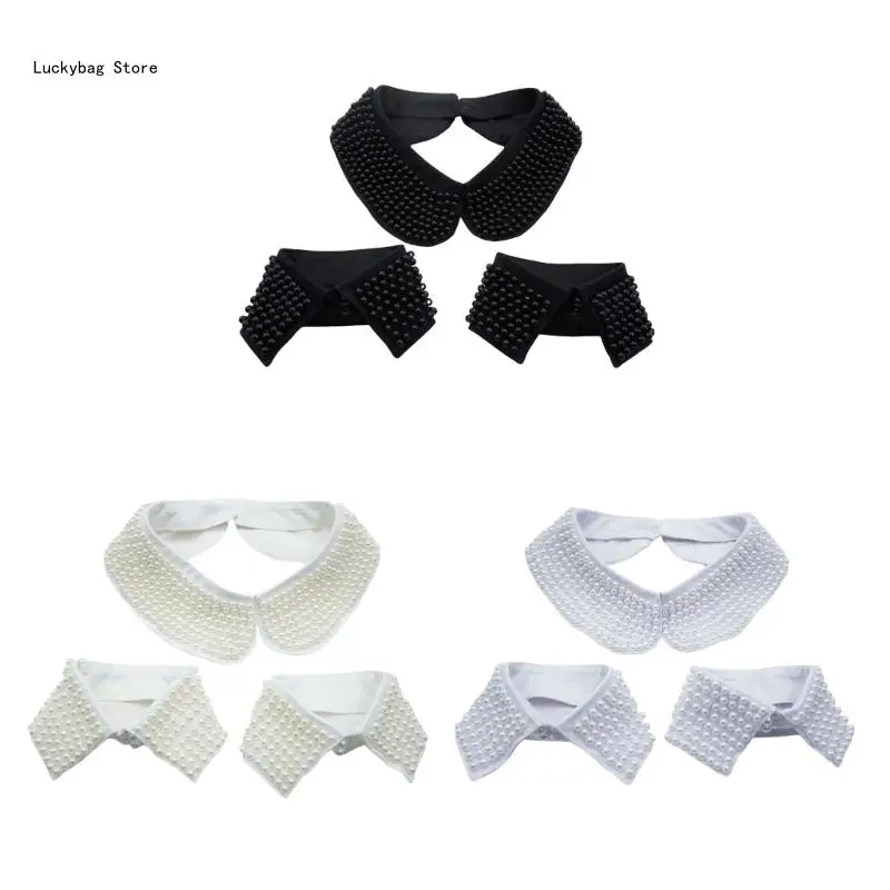 Stylish Pearls Embellished Lapel Faux Collar 3Pcs Half Shirt Blouse Accessory