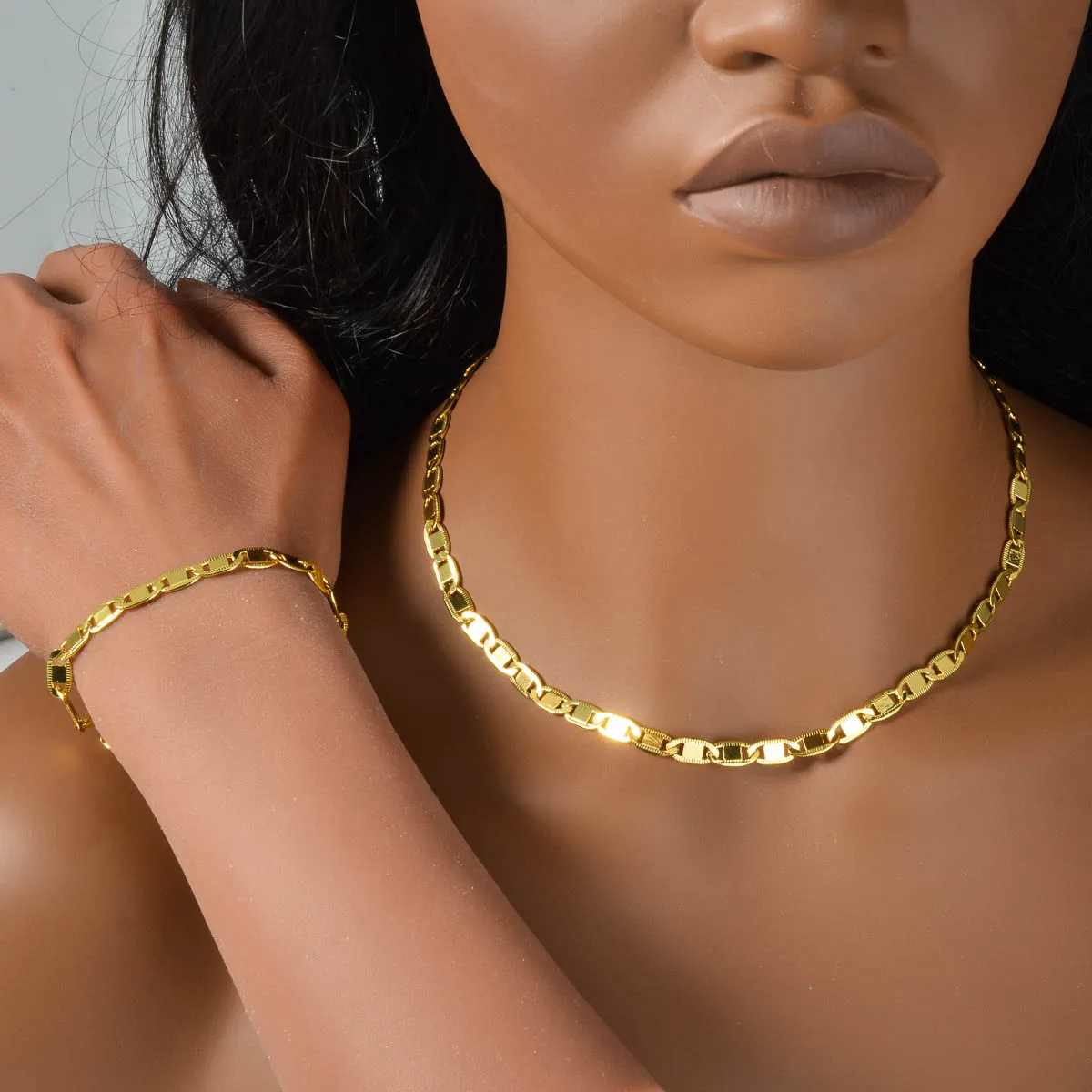 18K Gold Plated Thin Rectangle Link Necklace Bracelet Set 750 Italian Chain Jewelry Set Hip Hop Daily Unisex Jewerly Accessory