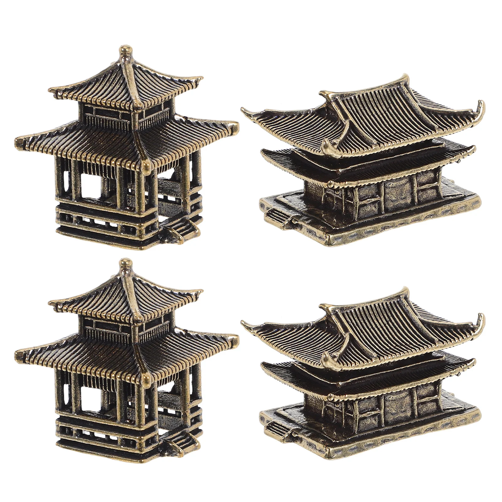 

4pcs Brass Pavilion Ornament Vintage Chinese Architecture Decor For Aquarium Bonsai Garden Desktop Home Miniature Landscape