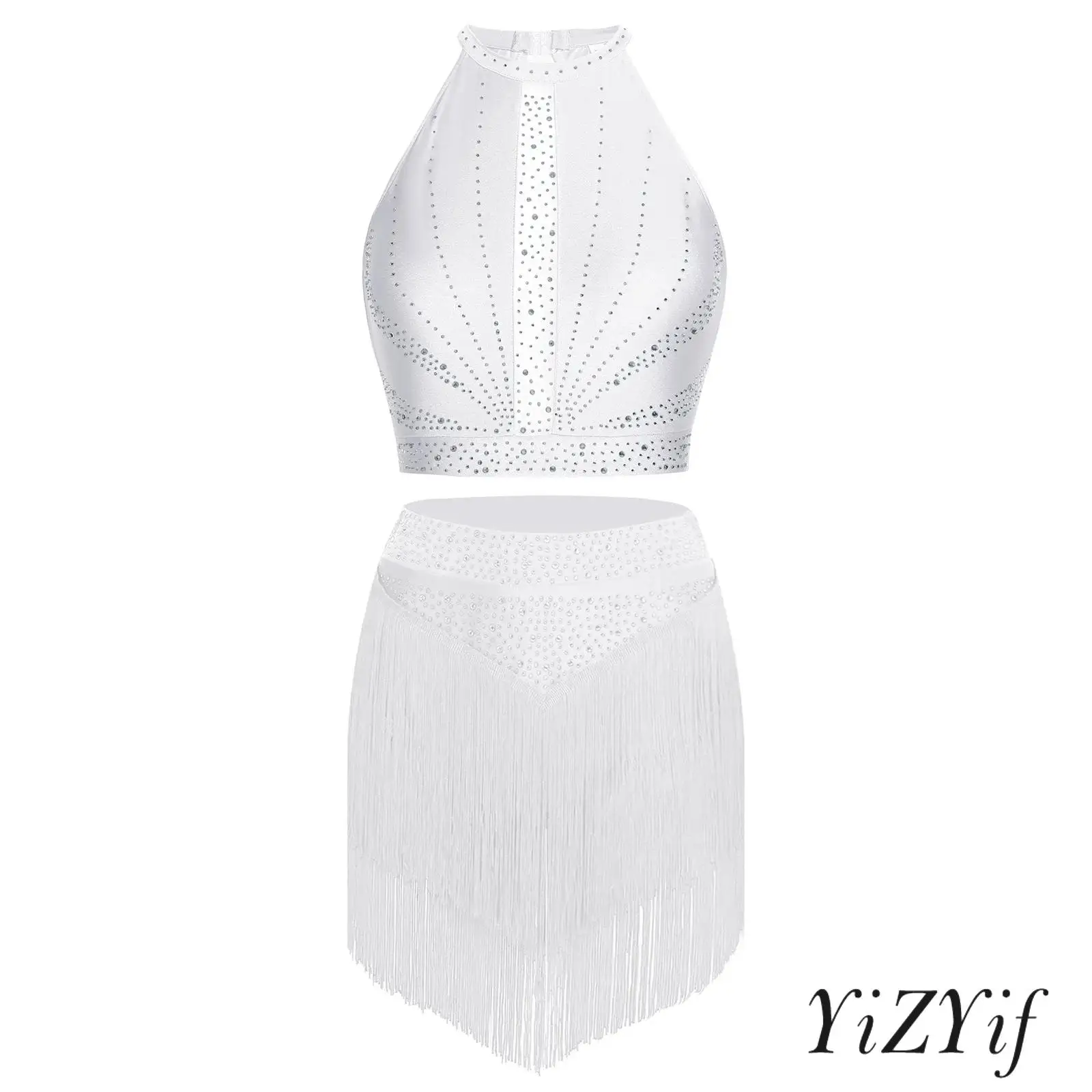 Women's Latin Salsa Dance Costume Sleeveless Back Keyhole Rhinestone Crop Top and Dynamic Tiered Tassels Skirt for Cha Cha Tango