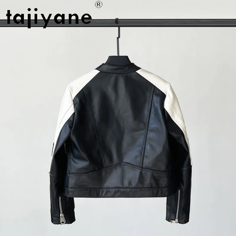 TAJIYANE Genuine Sheepskin Leather Jacket Woman Fashion Color Block Biker Coat Stand Collar Short Moto Jacket Women Clothes 2026