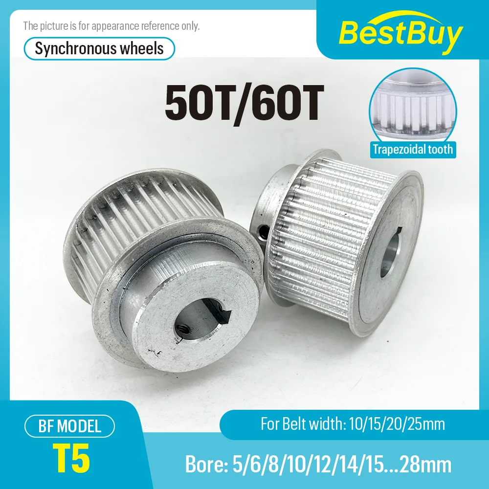 

50T/60T Synchronous Wheels Bore 5-28mm Alloy Wheels BF Shape Pitch 5mm Match With Width 10/15/20/25mm T5 Timing Belt