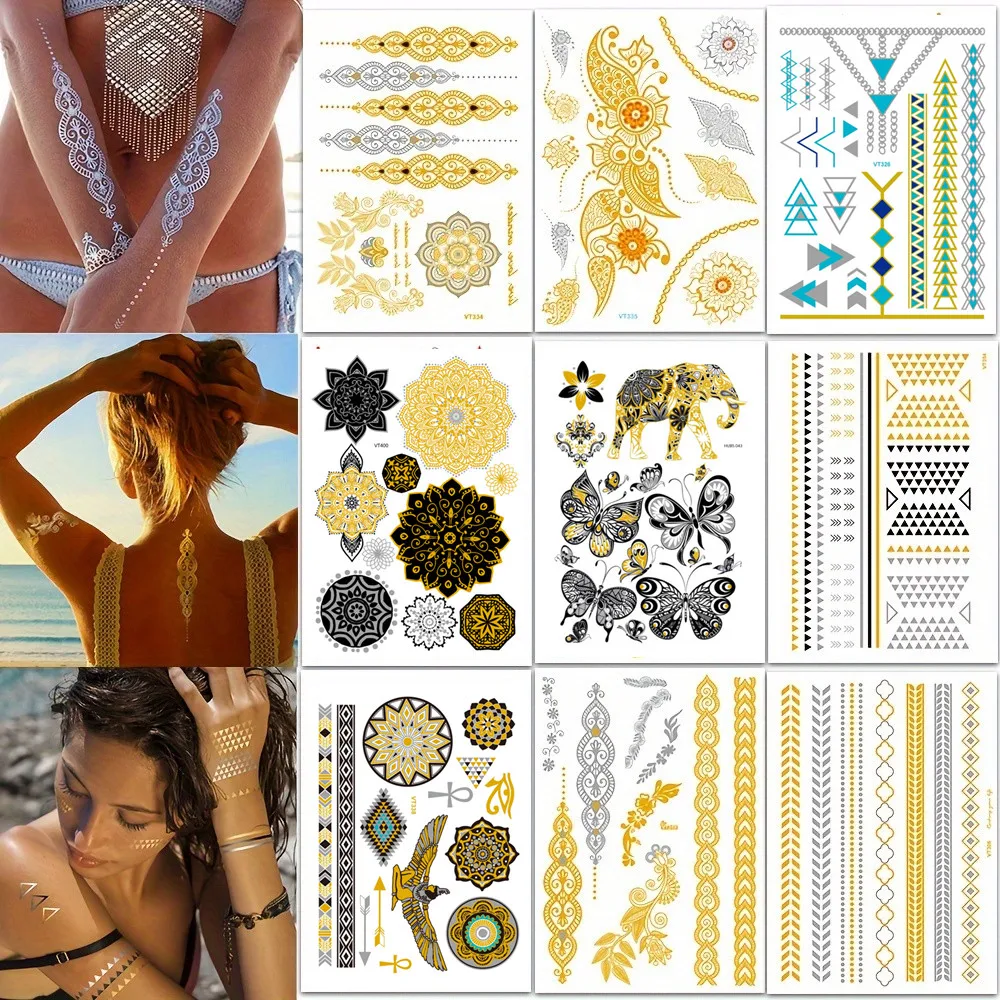 Flash Metallic Waterproof Temporary Tattoo Gold Silver Tatoo Women Henna Flower Taty Indian Arabic Tattoo Sticker For Festival