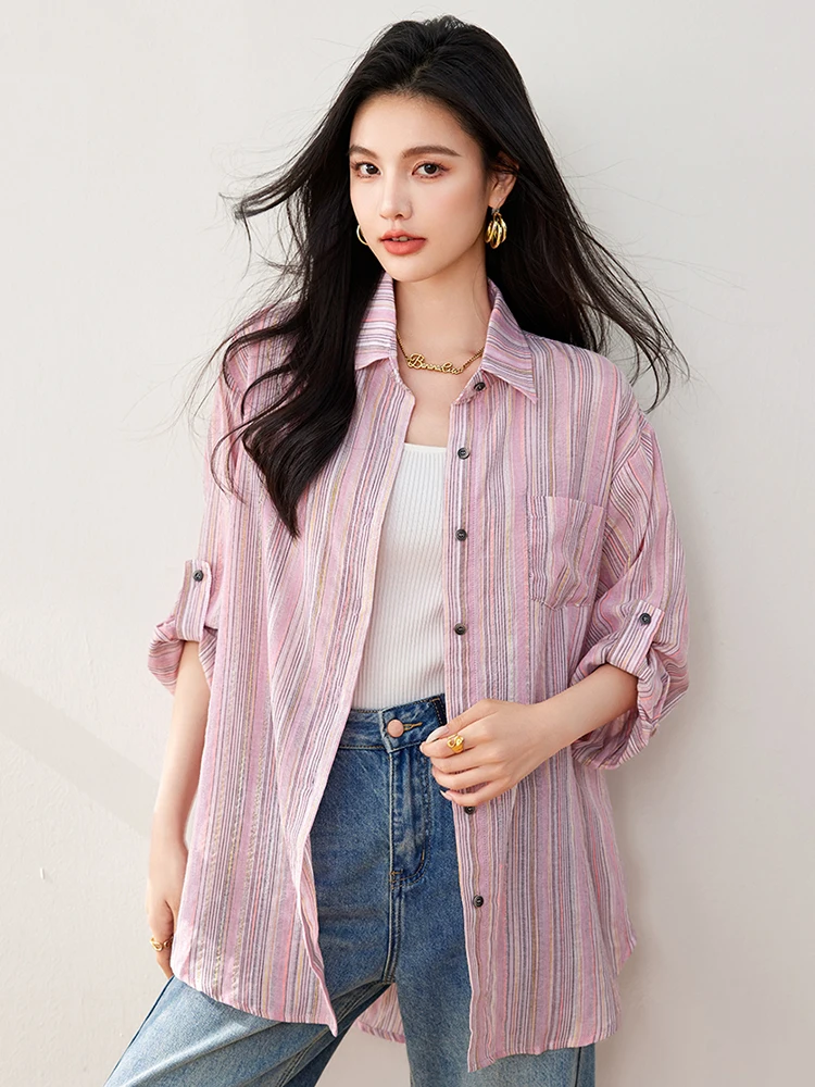 Pink Striped Shirt Women Loose Long Sleeved Button Up Blouse Autumn New Korean Style Ladies Streetwear Casual Shirts 2024