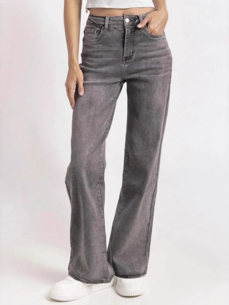 HOUZHOU Vintage Distressed Jeans Women Wide Leg Straight Washed Denim Trousers High Street Retro Blue Y2k Casual Baggy Jeans