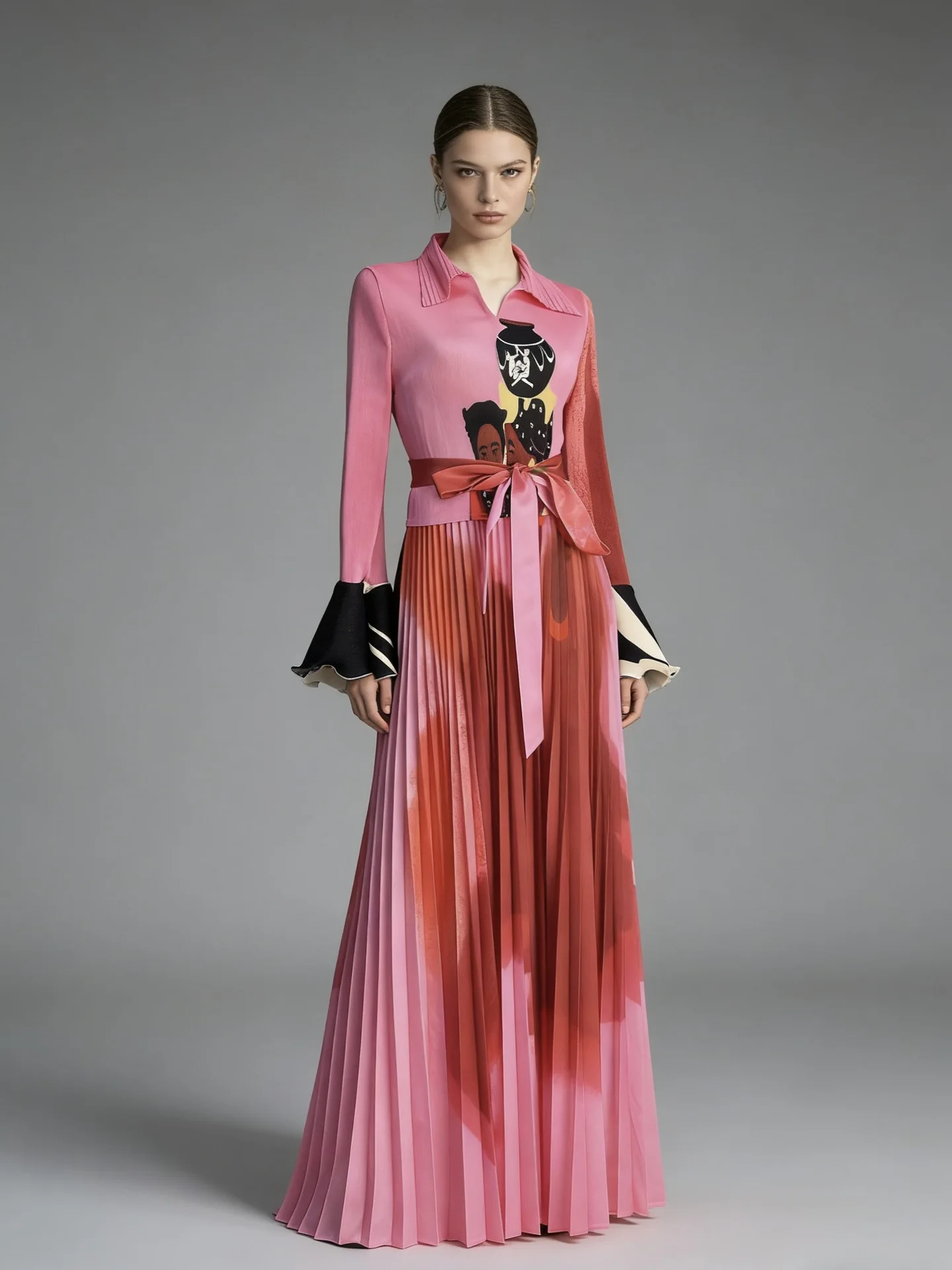 

2026 New African Miyake Pleated Printed Top Pleated Skirt Two-piece Set Long-sleeved Fashion Women's Clothing