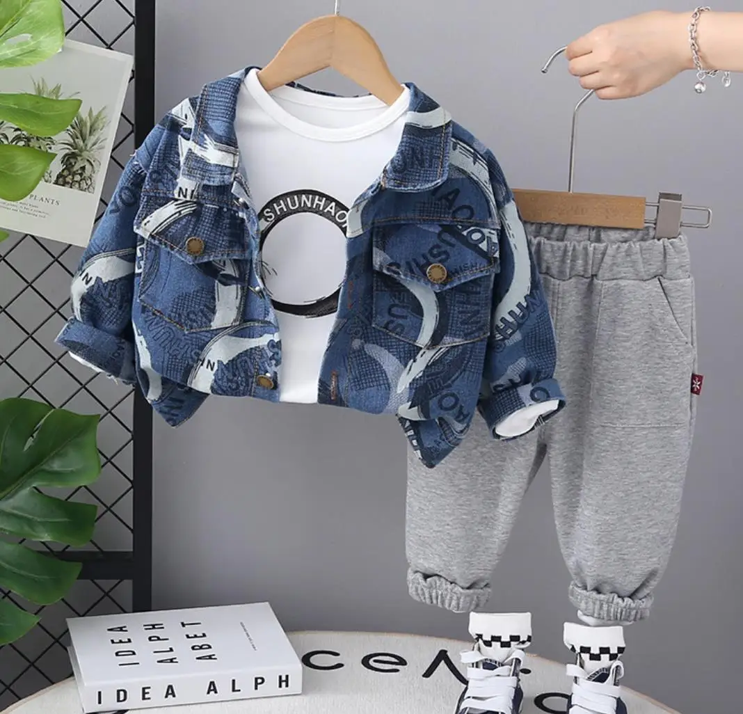 

Korean Style Sets for Baby Boy Clothes 6 To 12 Months Kids Turn-down Collar Cardigan Denim Coats+T-shirts+Jeans Boys Outfits