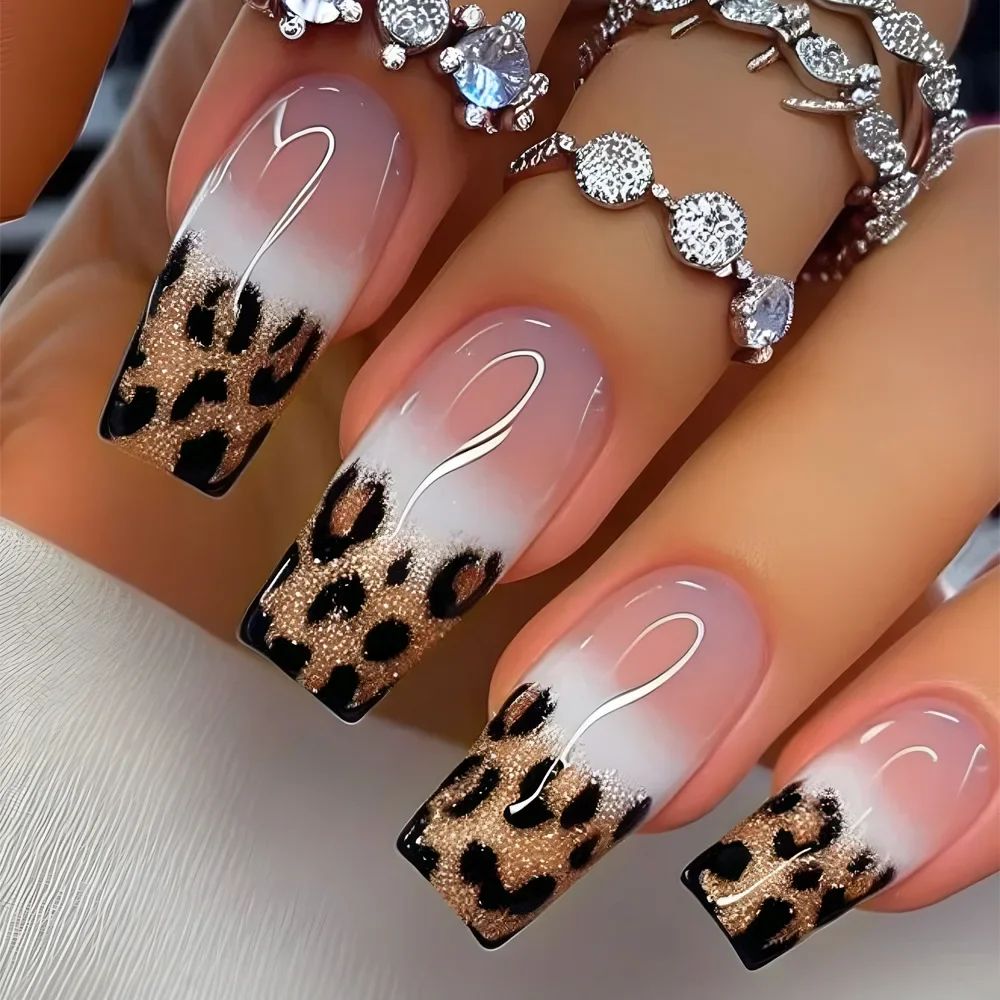 24 Stück Nägel zum Aufdrücken, lang, quadratisch, Leopardenmuster, französisches Spitzendesign, glänzende künstliche Nägel, wiederverwendbare künstliche Nägel für Frauen und Mädchen