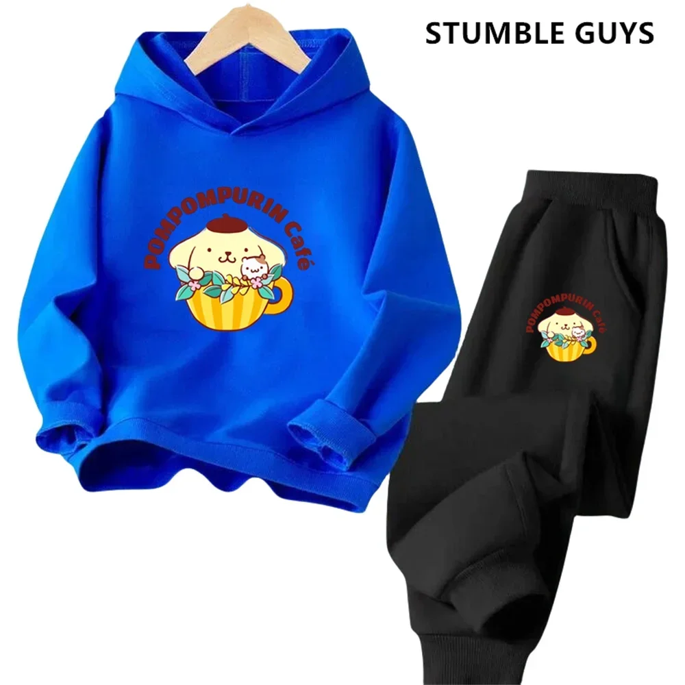 Pompompurin Trucksuit Cartoon Boys and Girls 3-14 Years Old Kawaii Street Casual Sweatshirt Children\'s Outdoor Sports Hoodie Set