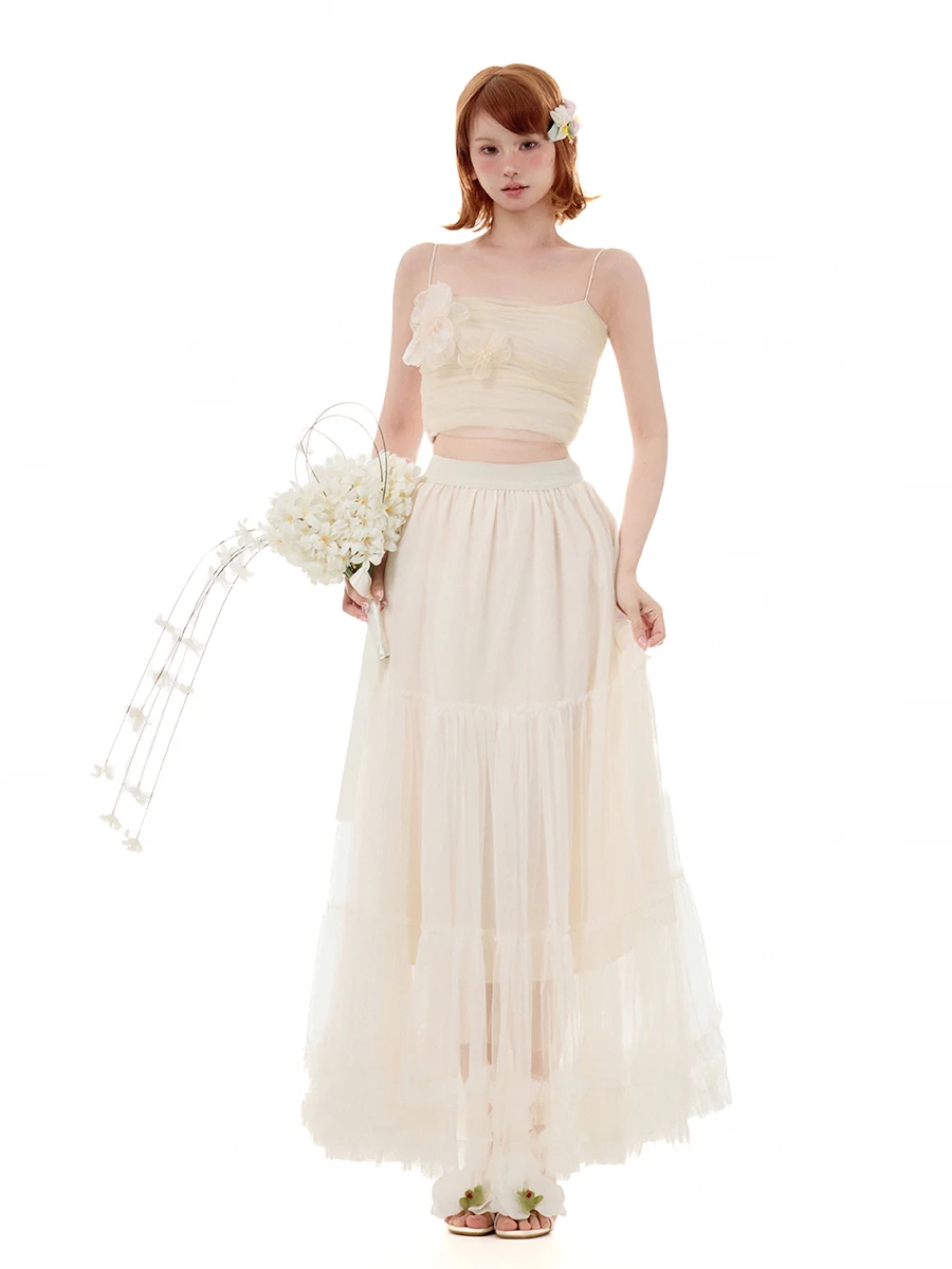 

HELERUN Original Floral Net Sleeveless Top Elastic 3D Flower Wrap Chest Bridesmaid Outerwear Sweet Style Short Length