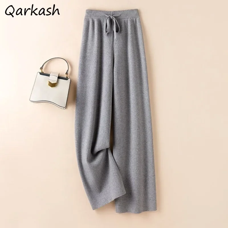 Solid Wide Leg Pants Women Knitted Autumn Winter Slouchy Full Length Leisure Elegant All-match Drawstring Female Chic Ulzzang