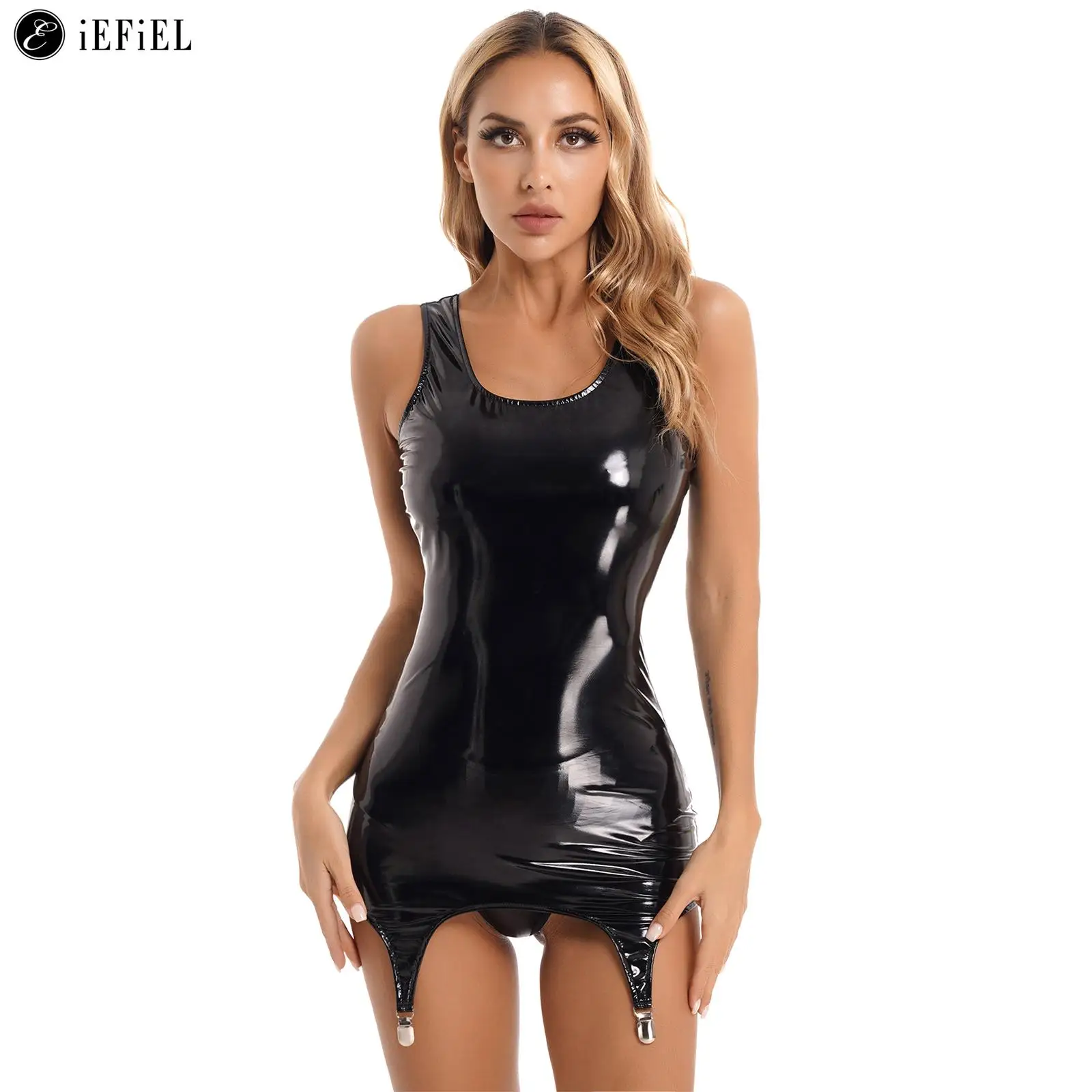 Nữ Wet Look Da PVC Không Tay Xe Tăng Bodycon Cao Su Đảng Đêm Cuồng Nhảy Mini Với Kim Loại Kẹp Clubwear