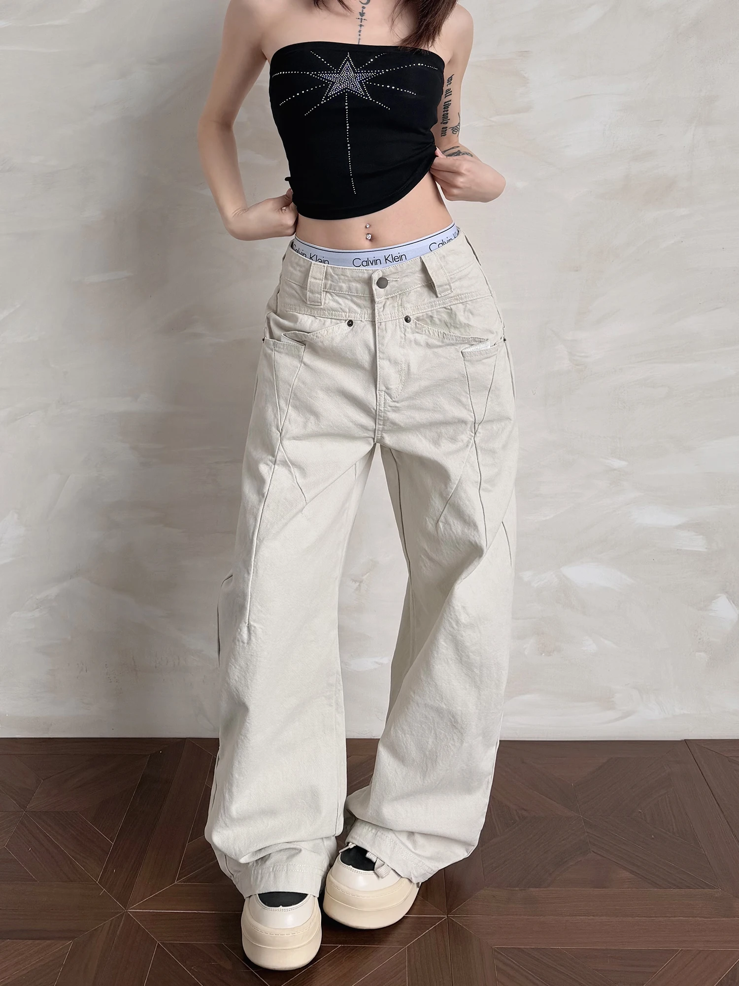 

Damon Island American Vibe High Street Retro Multi Pocket Work Pants Women Straight Leg Micro Flare 3D Slim Wash Casual Jeans