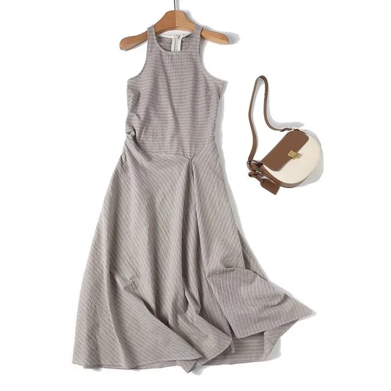 

BM&MD&ZA Womens French - style Elegant Commuting - style Sleeveless Vest - style Midi Asymmetric - decorated Checkered Dress