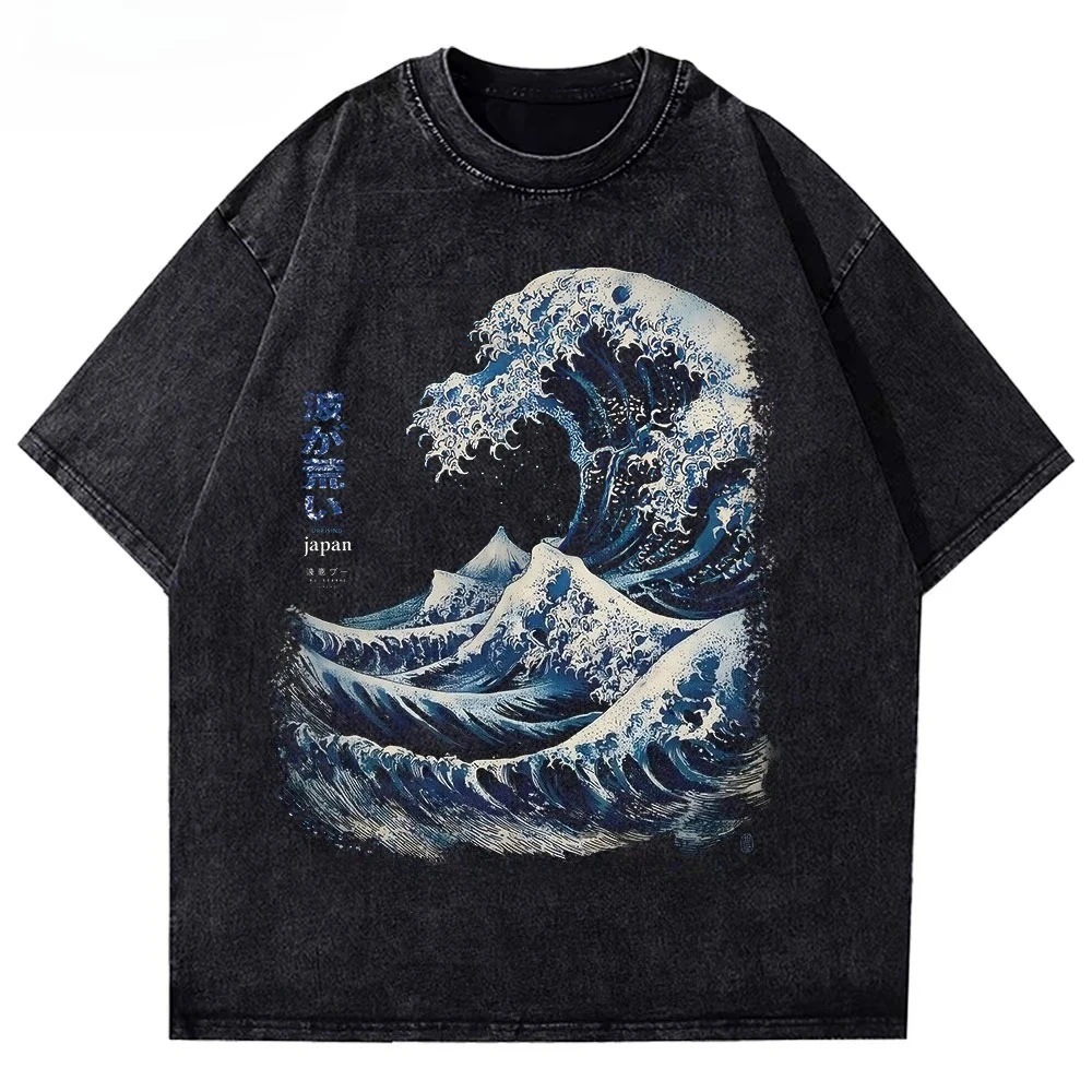 Heiß begehrtes Vintage-T-Shirt mit japanischer Kanagawa-Wellen-Grafik und Mount-Fuji-Print, Unisex, aus Baumwolle, Rundhals, Kurzarm, Streetwear-Oberteil