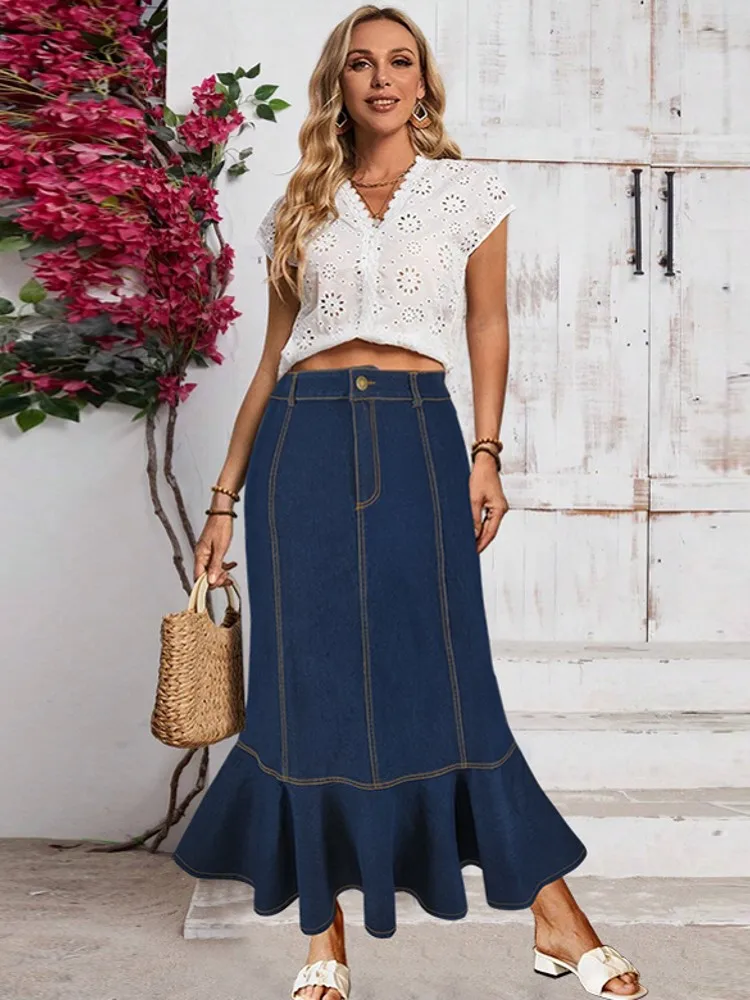 Vintage Chic Trumpet Mermaid Skirts For Women Elegant High Waist Office Lady Long Skirt Fashion Blue Denim Skirt Female Clothing