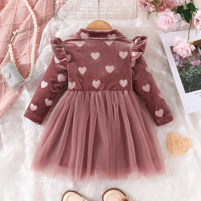 Toddler Baby Girl Party Dress Autumn Winter Velvet Heart Printed Mesh Patchwork Valentine's Day Princess Dress Infant Dresses