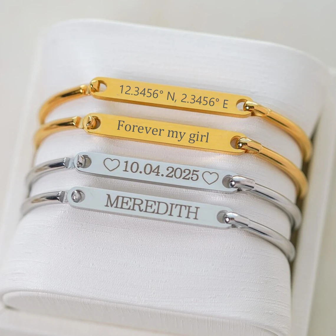 Kissmoon Personalized Custom Name Bar Bangle for Women Stainless Steel Laser Engrave Text Date Bracelet Birthday Jewelry Gift