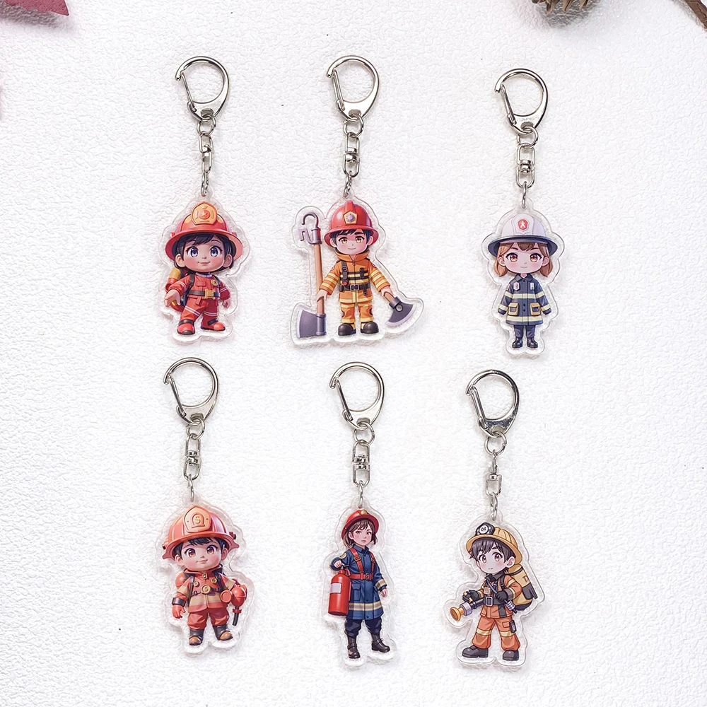 6Pcs Cartoon Fireman Firefighter Keychain Accessories Acrylic Cute Charms Pendant For Bag Funny Key Holder Backpack Decoration
