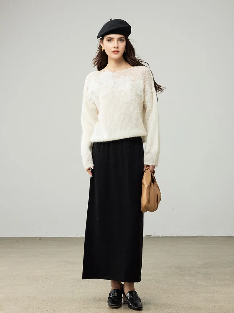 SuyaDream, Women Warm Pullovers, Slash Neck, Appliques, Mohair and Sheep Wool, Chic Sweaters, 2025 Fall Winter Top, White