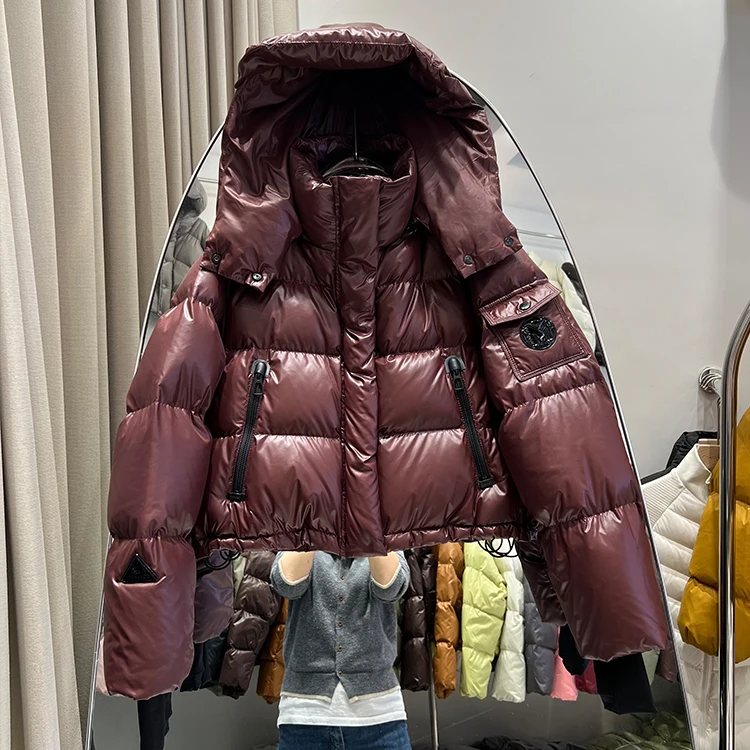 겨울 짧은 광택 후드 다운 재킷 여성용 두꺼운 따뜻한 퀼팅 파카 아우터 여성 화이트 덕다운 솔리드 방수 재킷