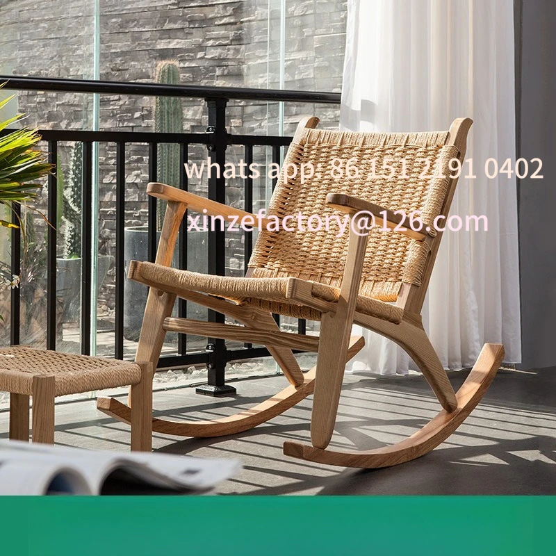 

Customizable Balcony Practical Wooden Rocking Chair Casual Nap Household Kraft Paper Rope Lounge Chair Simple and Modern