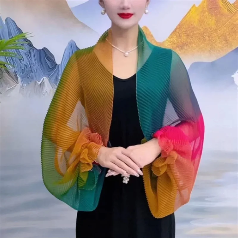 2024 New Women's Summer Versatile Fashion Coat Rainbow Soft Yarn Sunscreen Outward Travel Shawl Outerwear Sunscreen Clothing