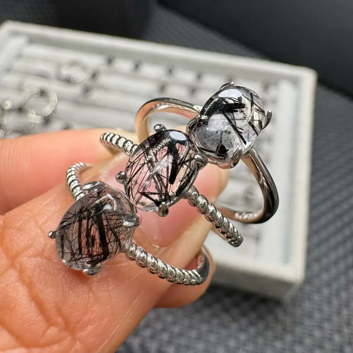 

1 Pc Fengbaowu Natural Stone Black Rutilated Quartz Ring 6x8MM Oval Cabochon 925 Sterling Silver Jewelry Gift For Women Men