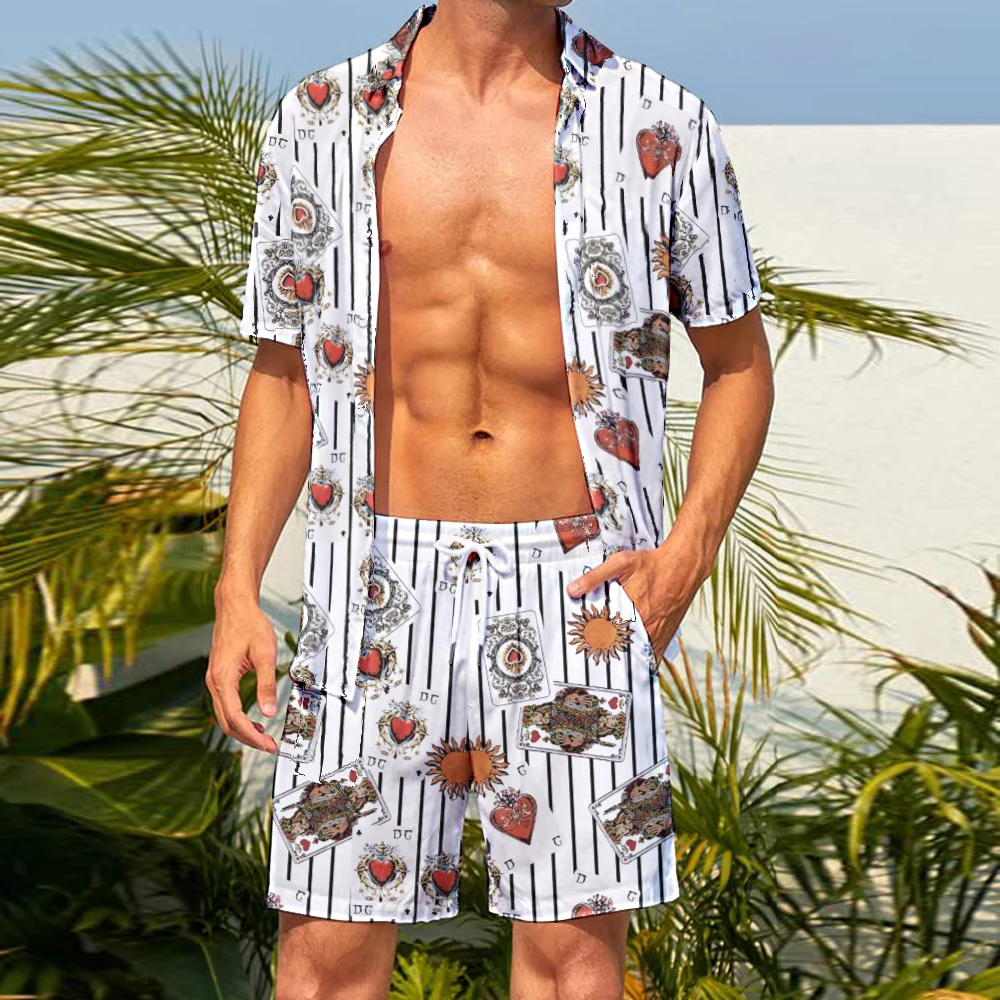 Homens havaiana moda gola flip botão manga curta conjunto de camisa e shorts, King Card Crown Print, jovem casual conjunto de 2 peças, juventude