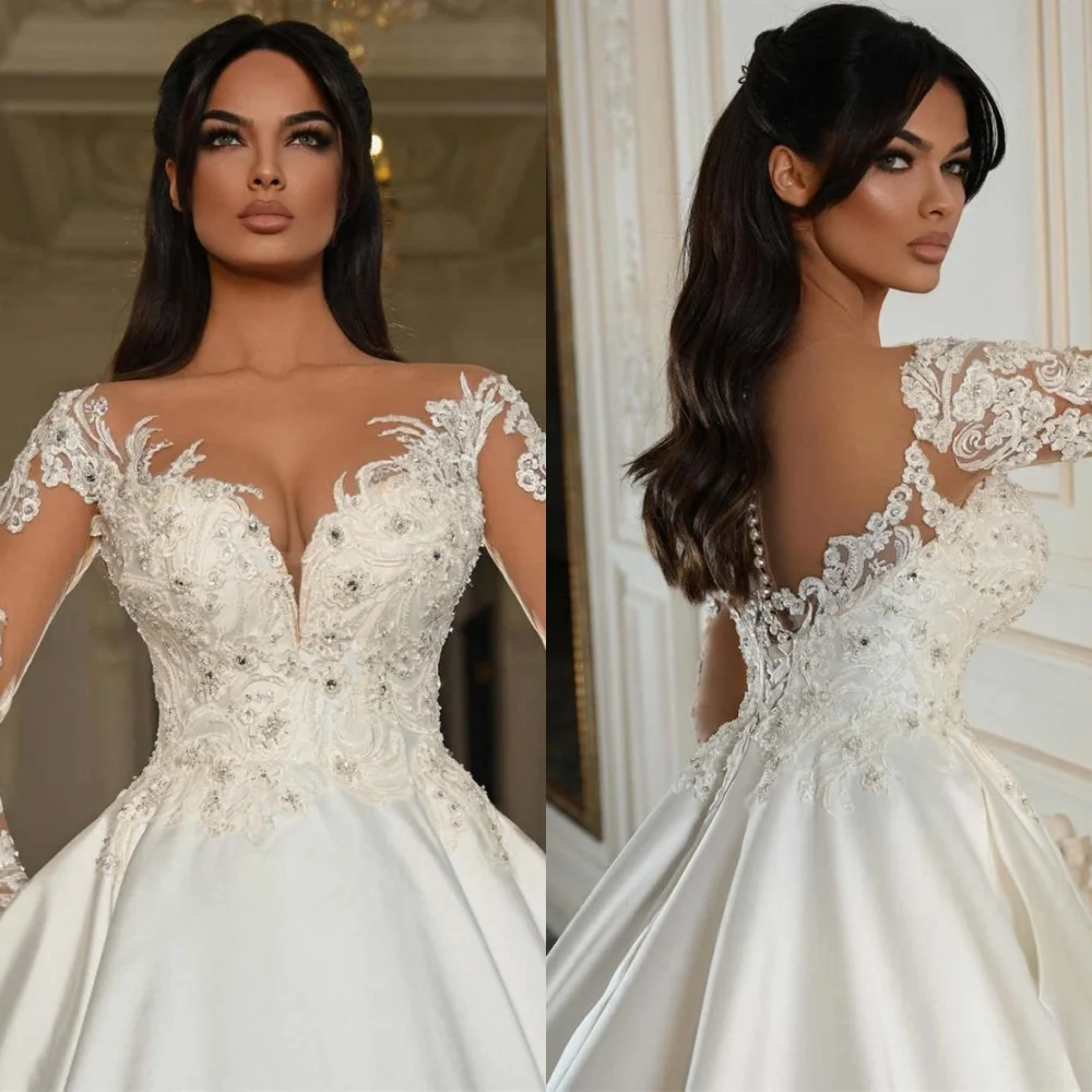 カスタマイズされたホワイトサテンアップリケウェディングパーティーAラインVネックロングドレスエレガントフォーマル絶妙な夢のような高級モダンドレス