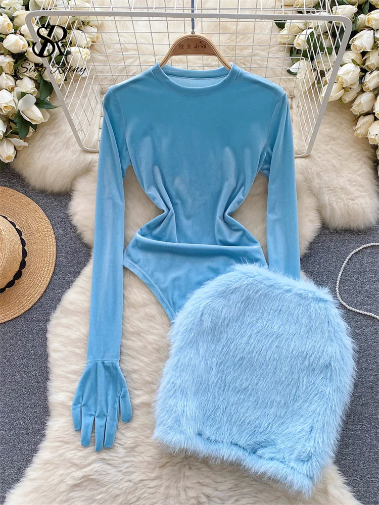 SINGREINY 2023 Autumn Long Sleeves Bodysuits 2023 Women O Neck Open Crotch Velvet Slim Playsuits+Plush Sexy Mini Skirt Suits